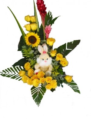 lindo arreglo con rosas amarillas y peluche