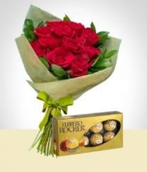 bouquet 12 rosas y chocolates