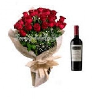 bouquet 24 rosas y vino